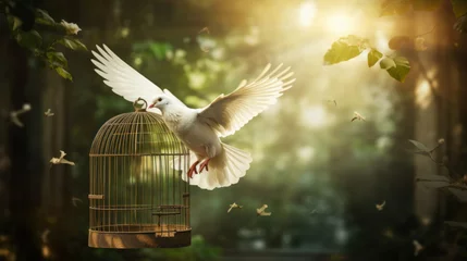 Fotobehang White dove flying out of an open cage into the forest with sunlight filtering through leaves. © tashechka