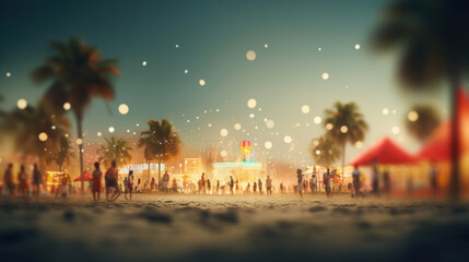 Magical beach festival atmosphere with fireworks and illuminated attractions at night.
