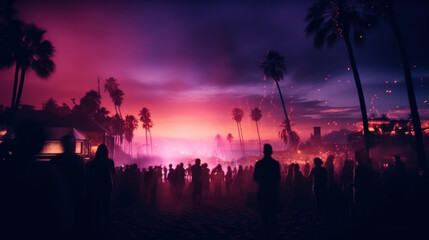 A vibrant evening celebration on the beach under a pink sky with silhouetted palm trees.