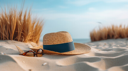 Straw hat with a blue ribbon and sunglasses resting on the sand at a breezy beach.