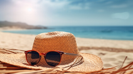 A woven summer hat and trendy sunglasses set on a sandy beach against a turquoise sea.