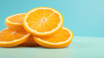 Fototapeta premium Sliced ripe oranges presented on a turquoise surface, ideal for a refreshing summer treat.