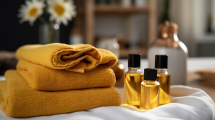 Golden yellow towels neatly stacked with massage oils in a serene spa setting.