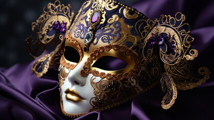 An ornate Venetian mask adorned with gold and purple detail resting on luxurious silk fabric.