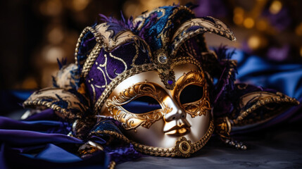 An exquisite Venetian mask featuring intricate gold detail and elegant feathers on a dramatic background.
