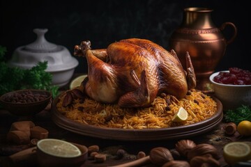 Traditional Saudi Arabian chicken kabsa – roasted quarter chicken topped with almonds. Generative AI