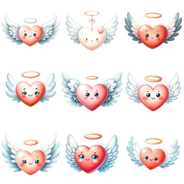 sticker clipart collection cute heart-shaped attached to angel wing, cartoon in valentine’s day, generative ai