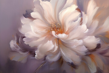 A white and gray flower painting, light purple and light amber, painting style, Baroque style, close-up, light bronze and pink, deep purple and light orange, fine shading, oil painting atmosphere
