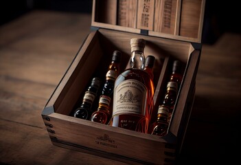 Hand crafted whisky on wooden box with bottles from distillery. Generative AI - obrazy, fototapety, plakaty