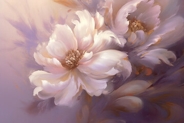 A white and gray flower painting, light purple and light amber, painting style, Baroque style, close-up, light bronze and pink, deep purple and light orange, fine shading, oil painting atmosphere
