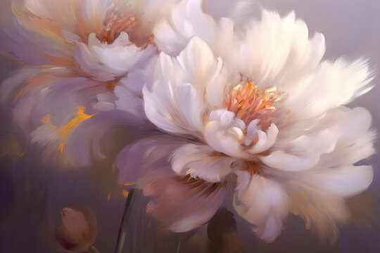 A white and gray flower painting, light purple and light amber, painting style, Baroque style, close-up, light bronze and pink, deep purple and light orange, fine shading, oil painting atmosphere
