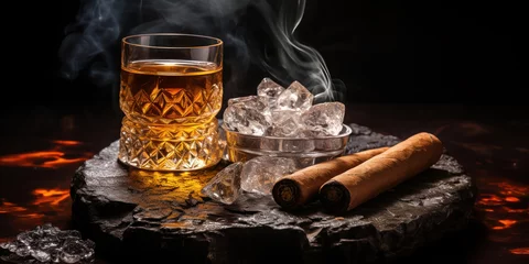 Fotobehang Smoldering cigar in a crystal ashtray with a clear ice-filled scotch on a smooth, black stone surface © deafebrisa