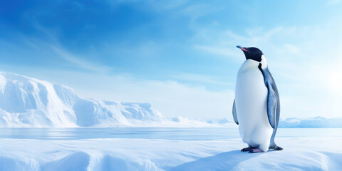 An emperor penguin stands regally against a backdrop of soft, falling snow and a pale ice-blue sky