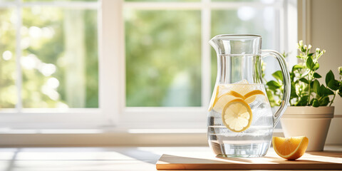 Crystal clear water pitcher on a kitchen counter, sunlight streaming through a window reflecting off the water's surface