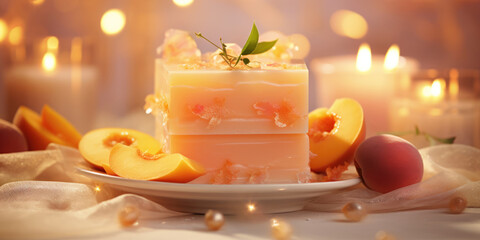 Delicate dessert adorned with peach slices rests in the soft glow of candlelight, offering a sense of evening elegance - obrazy, fototapety, plakaty