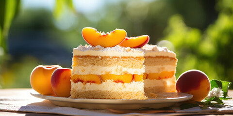 Luscious peach cake on a stand, the afternoon sun enhancing the vibrant orange hues and creamy texture - obrazy, fototapety, plakaty