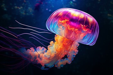 a serene jellyfish glides in the ocean depths, emitting vibrant fluorescent colors. Generative AI