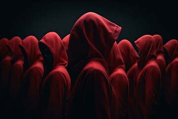 Illustration of multiple red hooded figures against a dark backdrop. Generative AI - obrazy, fototapety, plakaty