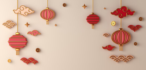 Chinese new year 2024 decoration background with lantern, cloud, Chinese coin cartoon style, mid autumn, gong xi fa cai, copy space text, 3d rendering illustration
