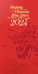 2024 Chinese new year, year of the dragon poster design with Dragon Head and Chinese elements, flower and oriental background. Creative typography vector banner