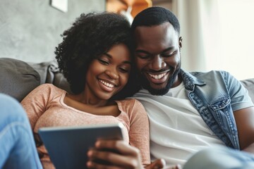 technology, internet and people concept - happy african american couple with tablet computer at home