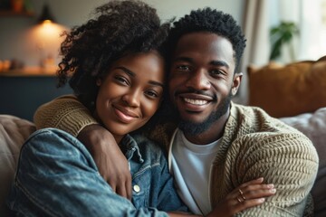 Black couple sitting on couch smiling - obrazy, fototapety, plakaty