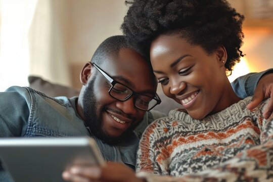 Technology, Internet And People Concept - Happy African American Couple With Tablet Computer At Home