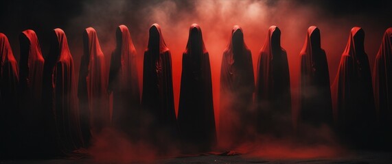 People in red cloaks in a hood gather to perform a ritual. - obrazy, fototapety, plakaty