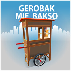 vector illustration, a meatball noodle cart with a transparent background of a gradient blue multi-storey building.