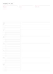 A weekly plan design template in a modern, simple, and minimalist style. Note, scheduler, diary, calendar, planner document template illustration.