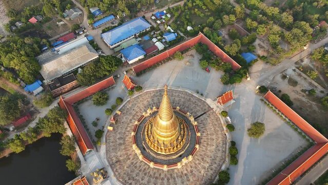Beautiful aerial view of Phra Mahathat Chedi Sri Wiang Chai one of the biggest pagoda in Thailand, with the base of about 1,600 square metres located in Li district, Lamphun province.