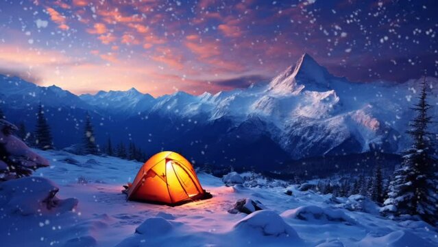 Winter with natural landscapes camping at night in snowy mountain. seamless looping time-lapse virtual video animation background