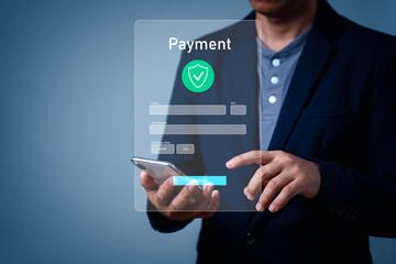 Businessman making a contactless smartphone payment. Digital payment concept. Hands hold smartphone to transfer money by an electronic transaction from mobile app. Bar code technology for fast pay
