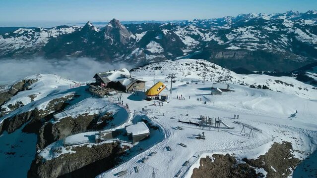 Aerial view of snow covered ski slopes at Stoos,Switzerland
