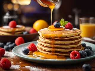 Delicious American pancakes, fluffy, golden-brown discs of breakfast heaven, pillowy texture, sweetness, and topping - obrazy, fototapety, plakaty