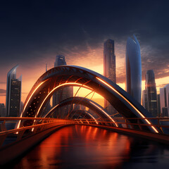 Futuristic bridge connecting skyscrapers with dynamic light patterns.