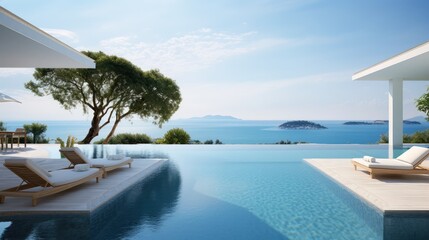 view of the Sea through the infinity pool , villa luxury Generative Ai