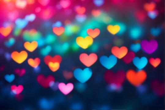 Vibrant colorful heart shapes bokeh, valentine bokeh background, generative AI