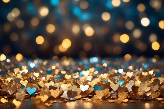 Gold and silver heart shapes scattered on the surface, valentine bokeh background, generative AI