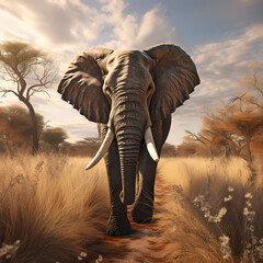 Lone elephant gracefully walking through a sun-dappled savannah.