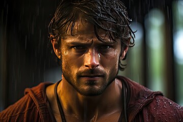 Fototapeta premium A man with piercing eyes in the pouring rain.