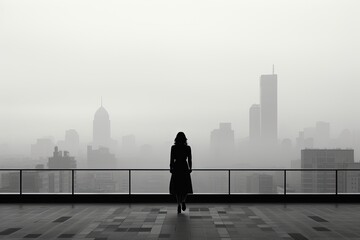 A lonely woman in a foggy gray city.