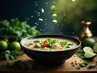 Delicious Thai green curry soup, vibrant blend of fresh green chilies, garlic, shallots, galangal - obrazy, fototapety, plakaty