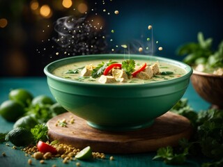 Delicious Thai green curry soup, vibrant blend of fresh green chilies, garlic, shallots, galangal - obrazy, fototapety, plakaty