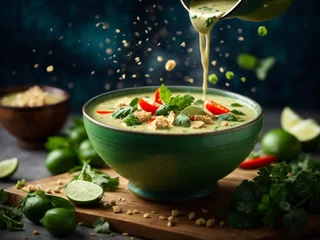 Fotobehang Delicious Thai green curry soup, vibrant blend of fresh green chilies, garlic, shallots, galangal © Sompadith