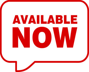 Red available now label, badge, seal, available now text banner	
