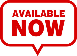 Red available now label, badge, seal, available now text banner	
