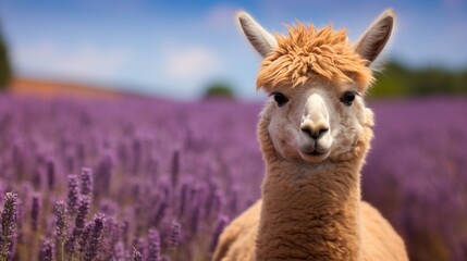 An alpaca with a stoic expression, framed by a field of lavender.