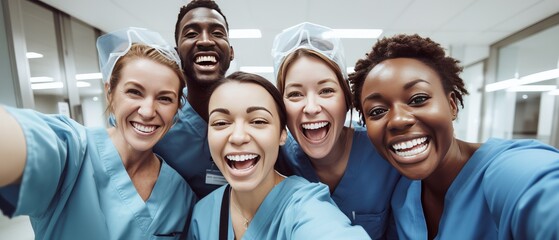 Group of cheerful healthcare professionals taking selfie. Teamwork and job satisfaction. - Powered by Adobe