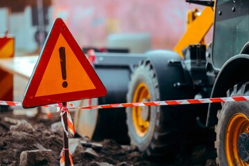 Excavator on Construction Site Marked by Warning Sign. Heavy machinery operating behind caution...